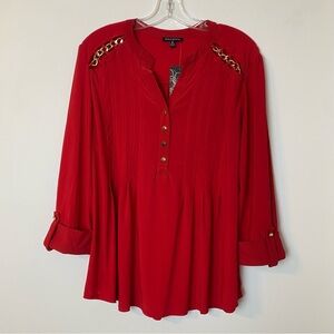 NWT Ava & Grace Flowy Red Gold Chain Rolled Sleeve Shirt | Women’s Size XL